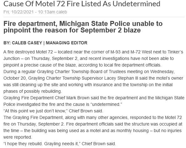 Motel 72 (Roost Motel) - Cause Of Fire Undetermined - Crawford County Avalanche